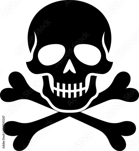 Black and white skull and crossbones icon, pirate symbol, danger sign, death warning, vector illustration