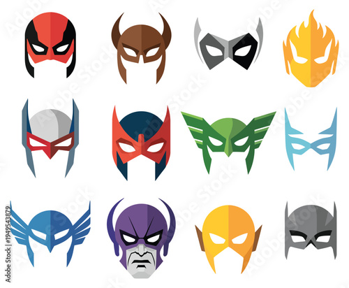 Super Hero Masks Vector Set in Flat Design Style, Comic Character Face Mask Collection for Kids Superheroes, Cartoon Costume Accessories for Game, Avatar and Illustration