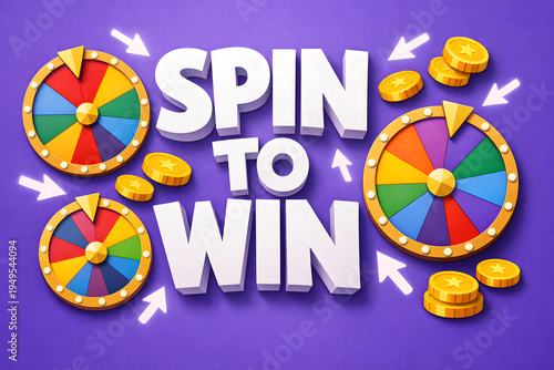 Spin to Win 3D Paper Cut Text with Prize Wheels on Electric Purple