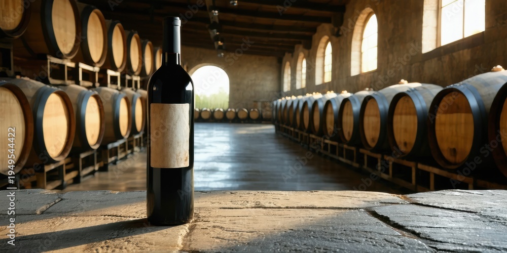Obraz premium Wine bottle sits amidst stacked barrels. Dim cellar offers rustic ambiance, light streams through windows. Quiet, aged atmosphere.
