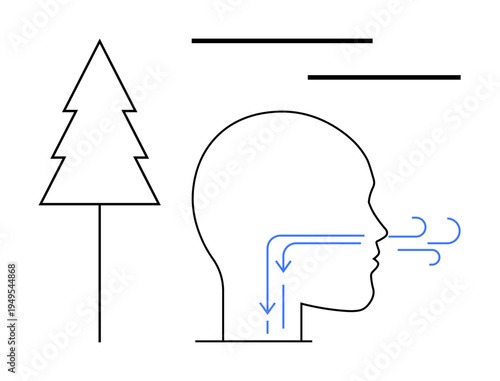 Respiratory health, environmental awareness, fresh air benefits, oxygen intake, climate health, conservation. Human head with airflow path and tree outline. Respiratory health and environmental