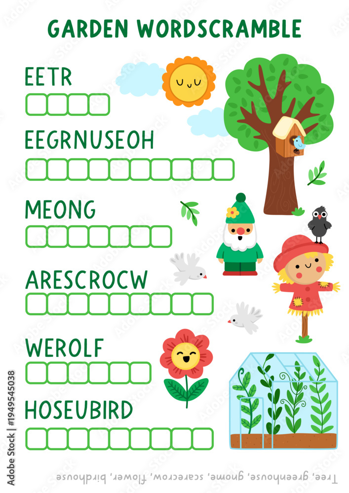 Fototapeta premium Vector garden word scramble activity page. English language game with greenhouse, tree, scarecrow, flower, gnome. Spring family quiz, printable worksheet with gardening symbols