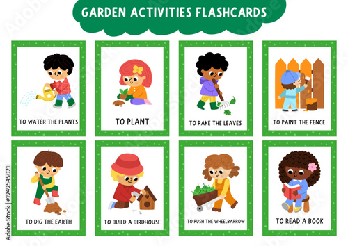 Vector garden flash cards set with gardening activities, working kids with rake, wheelbarrow, birdhouse, watering can. English language game for kid. Spring flashcards. Educational printable worksheet