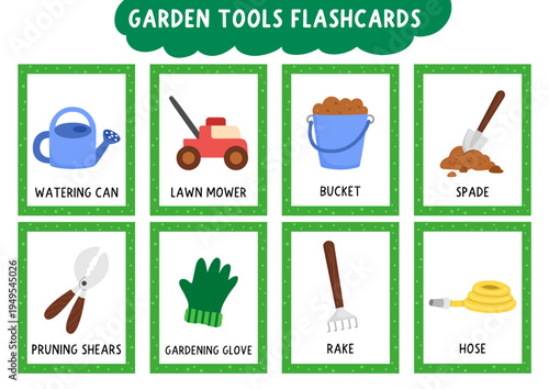 Vector garden flash cards set with gardening tools and equipment. English language game for kids with rake, lawn mower, bucket, watering can. Spring flashcards. Educational printable worksheet
