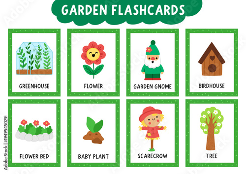 Vector garden flash cards set with greenhouse, scarecrow, birdhouse, baby plant, flower. English language game for kids. Spring flashcards. Simple educational printable worksheet