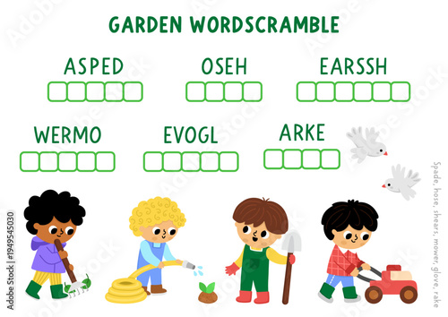 Vector garden word scramble activity page. English language game with gardening equipment, tools and kids gardeners. Spring family quiz, printable worksheet with spade, hose, shears, mower, rake