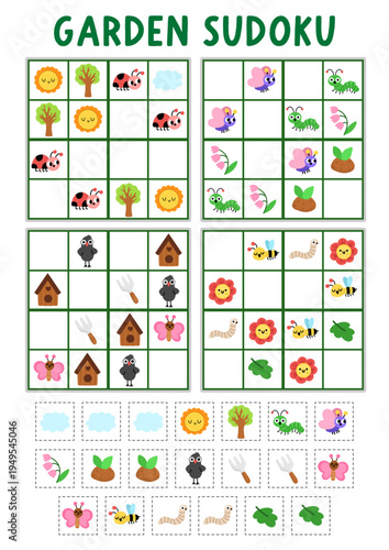 Vector garden sudoku puzzle for kids with pictures. Simple spring country house quiz with cut and glue elements. Education activity with birdhouse, tools, insects, tree, sun. Draw missing objects