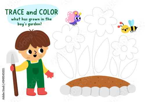 Vector garden handwriting practice worksheet with boy gardener growing flowers. Preschool drawing printable activity. Spring tracing coloring game for writing skills with kid doing gardening work