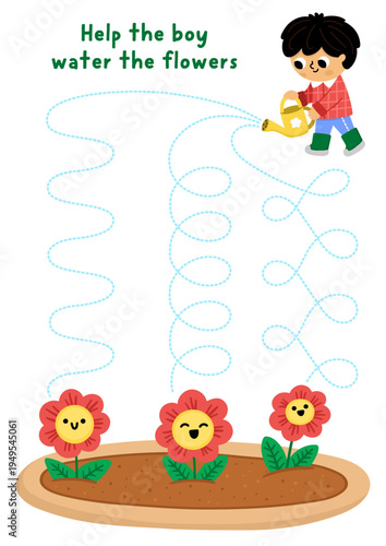 Vector garden handwriting practice worksheet with boy gardener watering flowers. Preschool drawing printable activity. Spring tracing game for writing skills with kid doing gardening work
