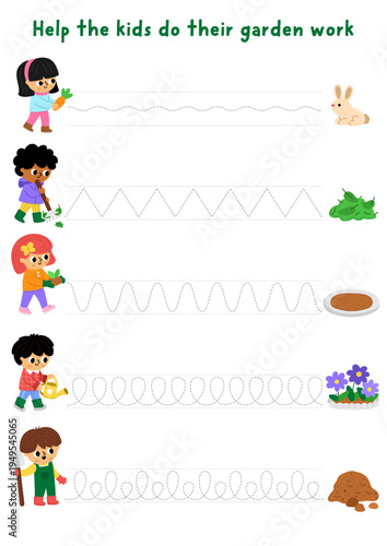 Vector garden handwriting practice worksheet with kids gardeners doing gardening work. Preschool drawing printable activity. Spring tracing game for writing skills with children