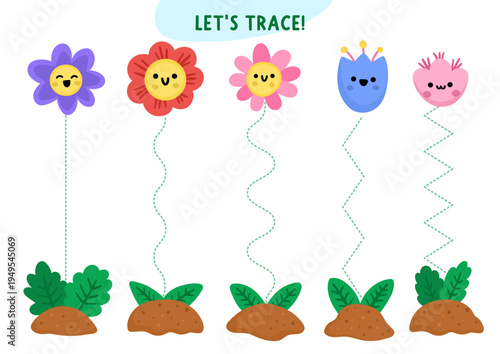 Vector garden handwriting practice worksheet with growing flowers and stems. Preschool drawing printable activity. Spring tracing game for writing skills with smiling kawaii plants