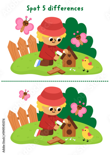 Garden find differences game for children. Spring educational activity with boy gardener building birdhouse. Puzzle for kids. Printable worksheet, page for logic, attention with nature scene