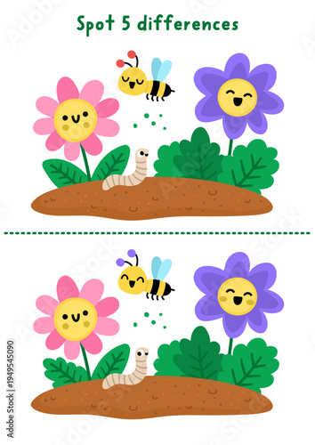Garden find differences game for children. Spring educational activity with smiling kawaii flowers on the bed with funny bee. Cute puzzle for kids. Printable worksheet, page for logic and attention