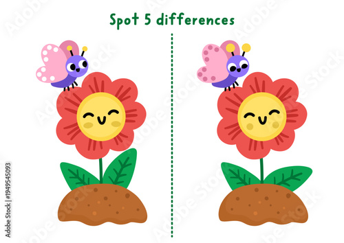 Garden find differences game for children. Spring educational activity with smiling kawaii flower on bed with funny butterfly. Cute puzzle for kids. Printable worksheet, page for logic and attention