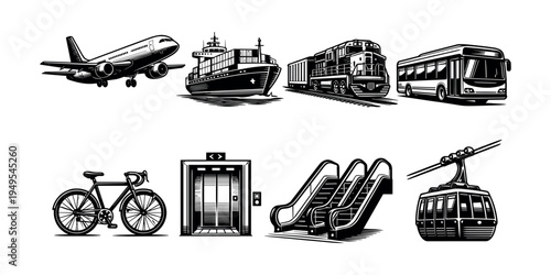 Black and white vector illustration of various transportation vehicles and modes