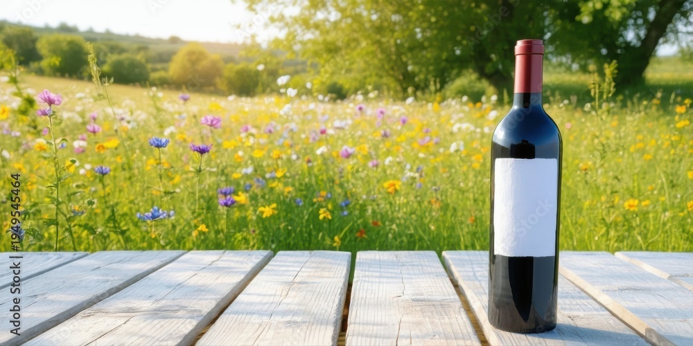 Obraz premium Wine bottle rests upon weathered wood surface. Lush floral meadow extends into distant hills. Bright sunlight illuminates scene.
