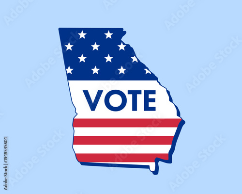 Georgia state map filled with U.S. flag stars and stripes, bold Vote text overlay. Patriotic election concept symbolizing democracy, civic duty, and American pride.