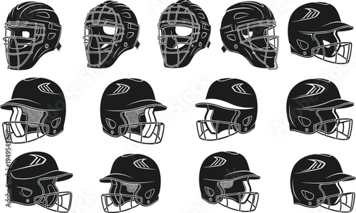 Baseball helmet silhouette collection, cricket helmet illustration, sports protective gear design, face guard variations, safety equipment profile view, black white artwork