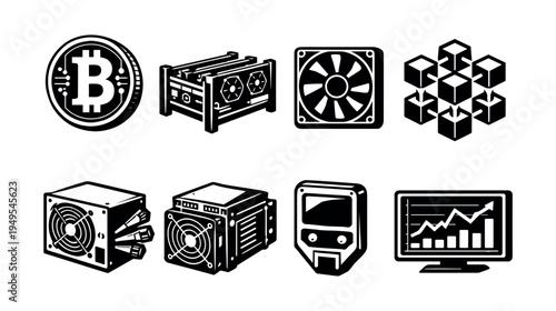 Cryptocurrency mining equipment icons in black and white vector silhouette style