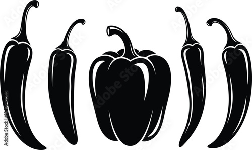Black and white silhouette illustration of bell pepper and chili peppers, vegetable food design, spicy cooking ingredient artwork, kitchen decor