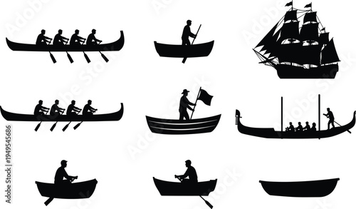 Black silhouette illustration of boats, canoes, rowboats, gondola, sailing ship, people rowing, watercraft artwork, nautical design, marine transport