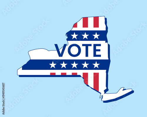 New York state map filled with U.S. flag stars and stripes, bold Vote text overlay. Patriotic election concept symbolizing democracy, civic duty, and American pride.