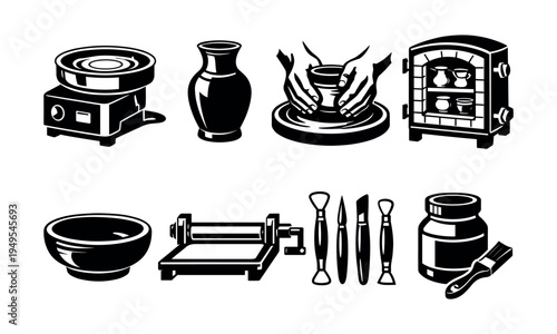 Black and white pottery and ceramic tools illustration set with kiln and equipment
