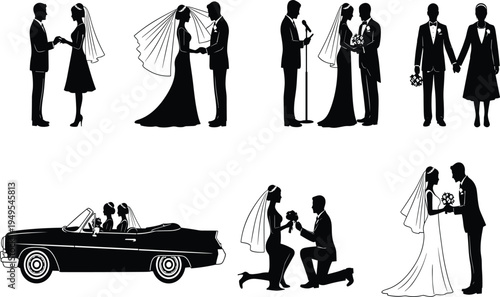 Black silhouette illustration of wedding couples, bride and groom, ceremony scenes, bouquet, car ride, romantic artwork, marriage celebration design