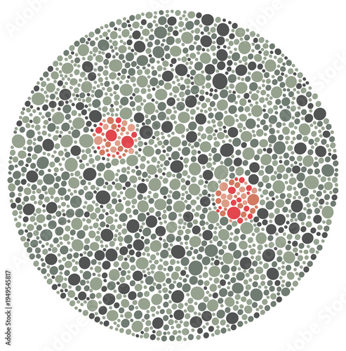 Medical Ishihara plate featuring a mosaic of polychromatic dots, used for diagnosing red-green color blindness and vision impairment