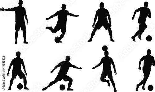 Black silhouette illustration of soccer players with ball, kicking, dribbling, passing, shooting, athletic sport artwork, football training design