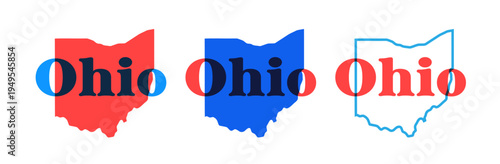 Ohio state map silhouette with the state name in retro typography above. Vintage design with overprint colors and bold shapes, perfect for posters, apparel, travel graphics, and Americana designs.