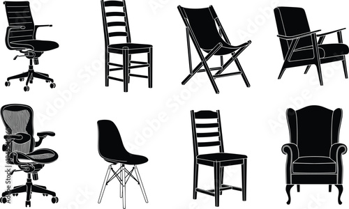 Chair silhouette collection, office chair illustration, dining chair artwork, ergonomic design furniture, modern seating profile, black white interior decoration graphic