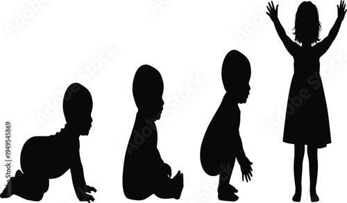 Child silhouette illustration, baby crawling, toddler sitting, child standing, growth stages, early development, motor skills, vector art, stock image