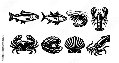 Black and white seafood silhouette set with fish shellfish lobster crab and squid illustrations
