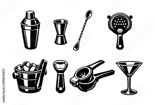 Black and white vector set of cocktail bar tools and accessories illustration