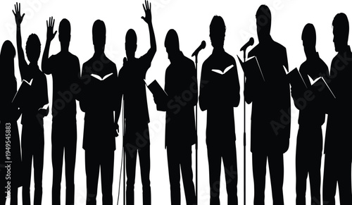 Choir silhouette illustration, group singing, book reading, performance art, unity expression, microphone design, collective activity, vector stock image, cultural scene