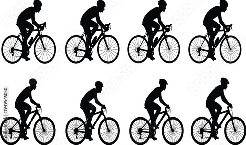 Cyclist silhouettes collection, road bike riders vector, mountain biking artwork, helmet safety design, cycling sport illustration, black silhouette bicycle poses