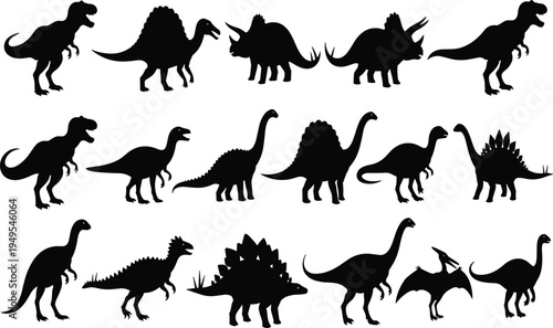 Dinosaur silhouettes collection, prehistoric animal illustration, Tyrannosaurus rex artwork, Stegosaurus vector, Triceratops profile, Brachiosaurus design