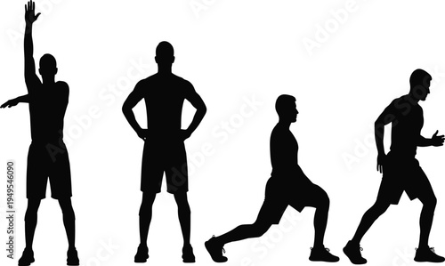 Fitness exercise silhouettes, workout poses vector, stretching artwork design, lunge training illustration, running motion profile, black silhouette collection, healthy lifestyle concept