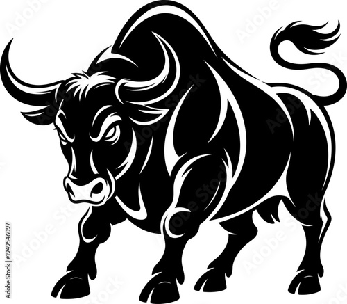 Aggressive charging bull mascot logo black and white vector illustration