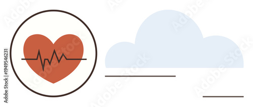 Health technology, data storage, telemedicine, modern healthcare, remote services, heart analysis. Heart symbol with ECG line next to a cloud. Health technology and data storage concept