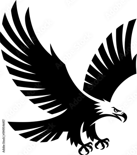 Black and white silhouette of a bald eagle in flight, majestic bird of prey icon, vector illustration of a soaring eagle for logo or emblem design