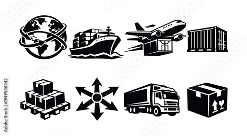 Black and white logistics icons set, shipping and transport vector illustration