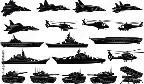 Military silhouette collection of fighter jets, helicopters, naval warships, tanks, missile launcher vehicles, defense equipment, combat hardware, modern warfare illustration