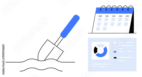 Business planning. A shovel groundwork alongside a calendar and data analytics report. Business planning integrates tasks, tracking progress, and achieving goals. For strategy, productivity, project