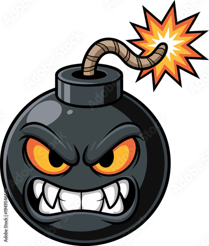 Angry cartoon bomb character with a lit fuse and glowing eyes