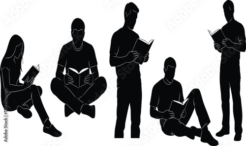 Reading people silhouettes, book lovers artwork, educational vector design, sitting reader poses, standing reader illustration, black silhouette collection, knowledge inspiration concept