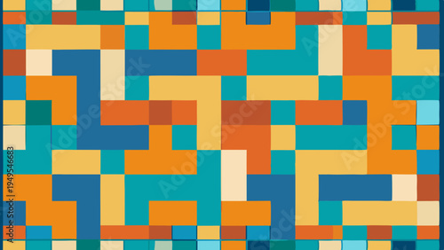Colorful geometric block pattern in blue, orange, and beige