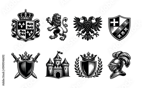 Vintage heraldic crests set with shields lions castles and armor elements in black and white vector illustration