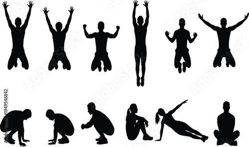 Silhouette human poses, jumping figures, sitting positions, stretching exercise, physical activity art, dynamic movement design, vector illustration, stock image, fitness concept